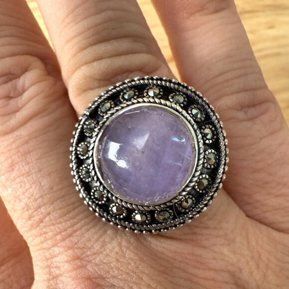 925 Jewelry - Sterling Silver Amethyst Ring With Marcasite Accents 925 Signed Size 6